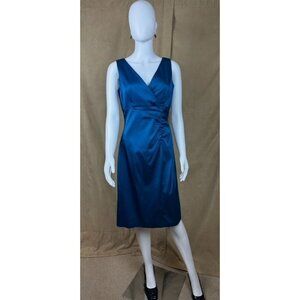 Donna Ricco New York Aqua Blue Sleeveless Satin Midi Dress V-Neck Ruched Dress 8